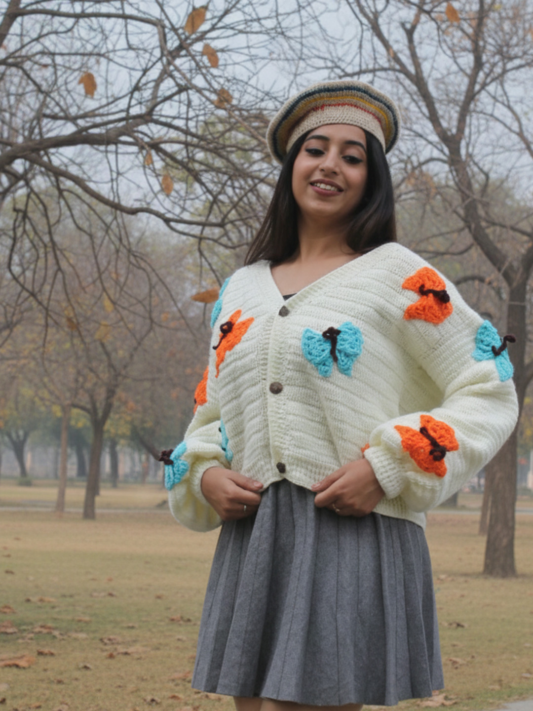 Velvery Butterfly Applique Cardigan - Cream