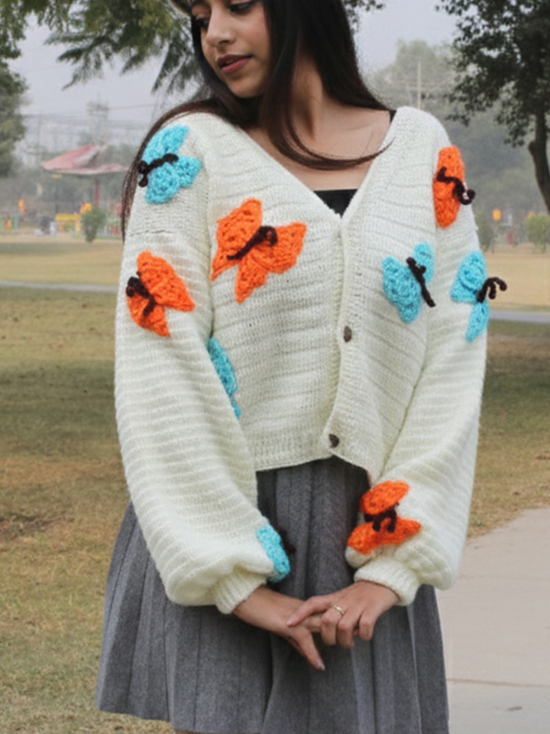 Velvery Butterfly Applique Cardigan - Cream