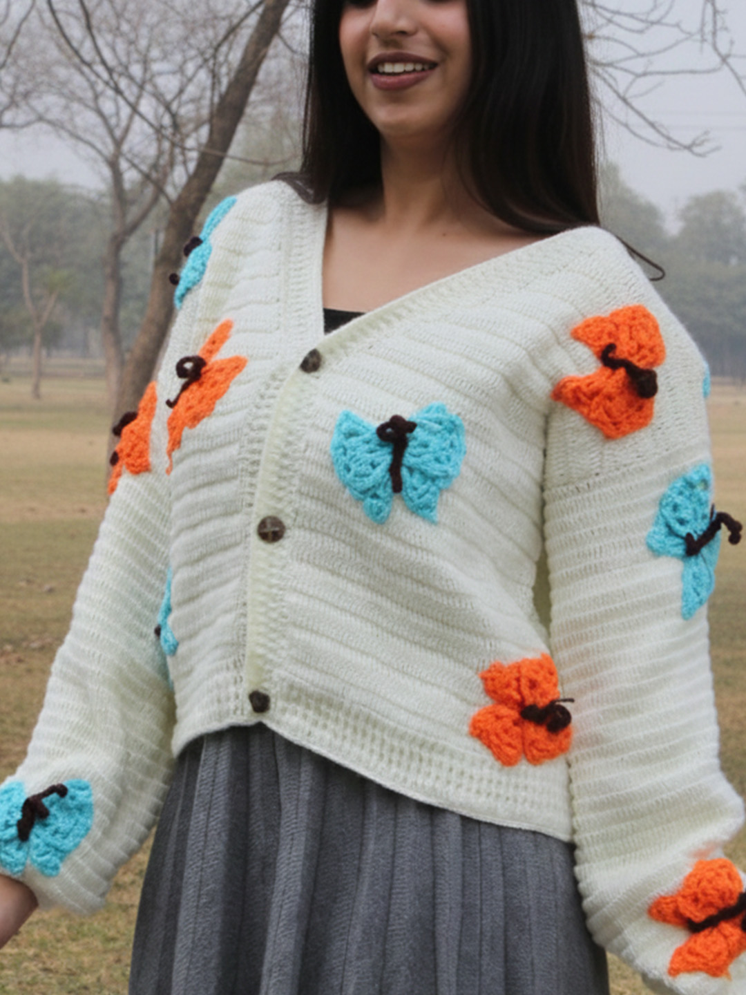 Velvery Butterfly Applique Cardigan - Cream