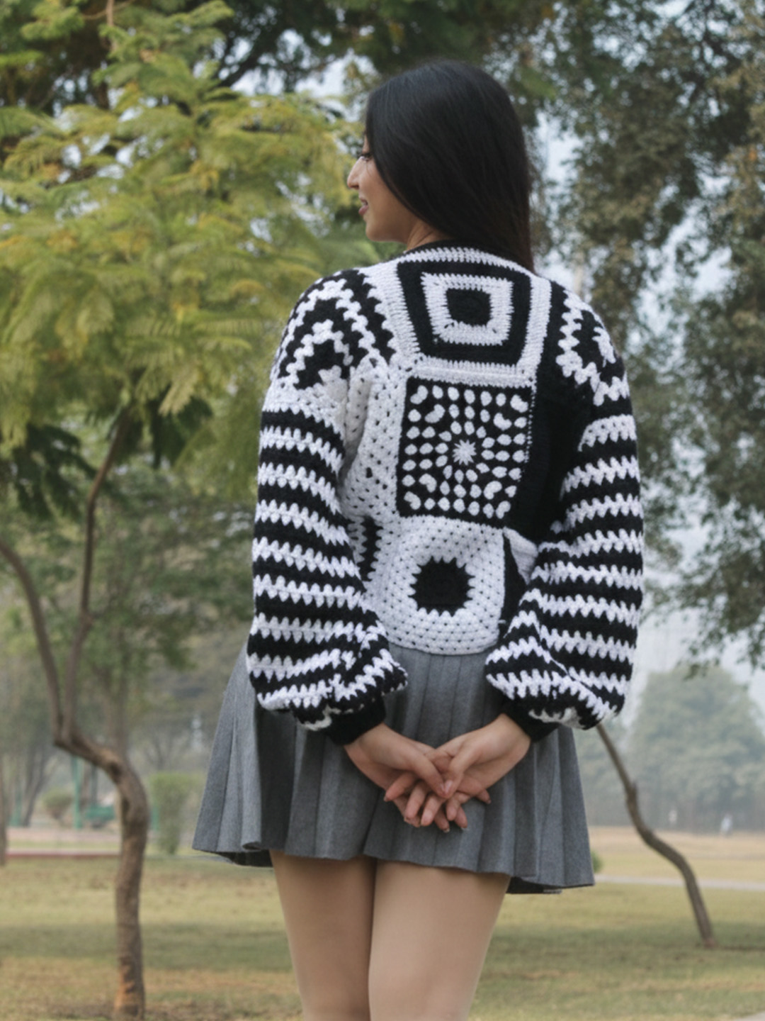 Velvery Black and White Granny Square Pullover - Black