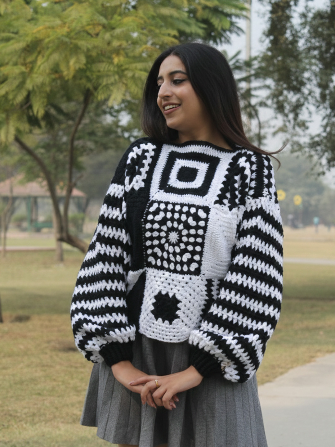 Velvery Black and White Granny Square Pullover - Black
