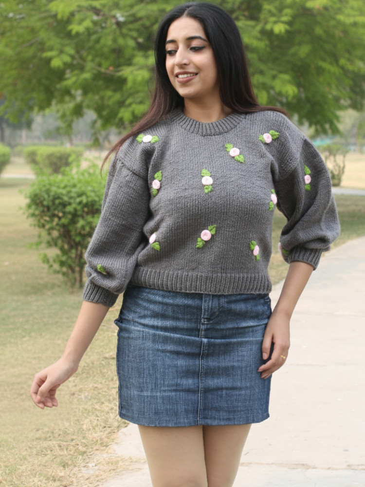 Image of Velvery Floral Embroidered Pullover - Dark Grey
