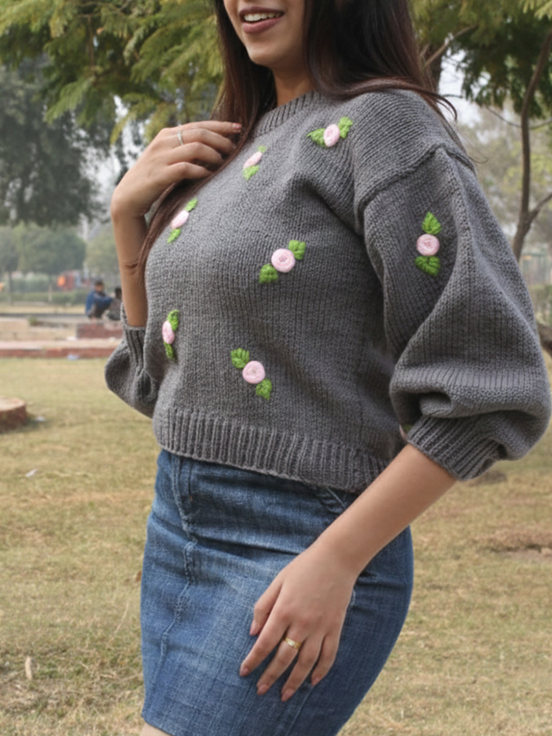 Velvery Floral Embroidered Pullover - Dark Grey