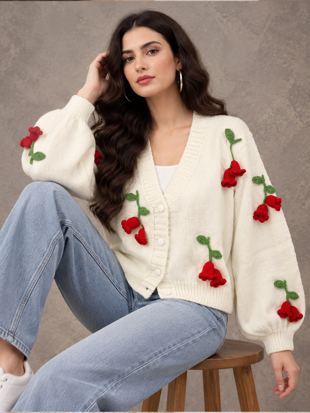 Velvery Floral Applique Cardigan - Cream