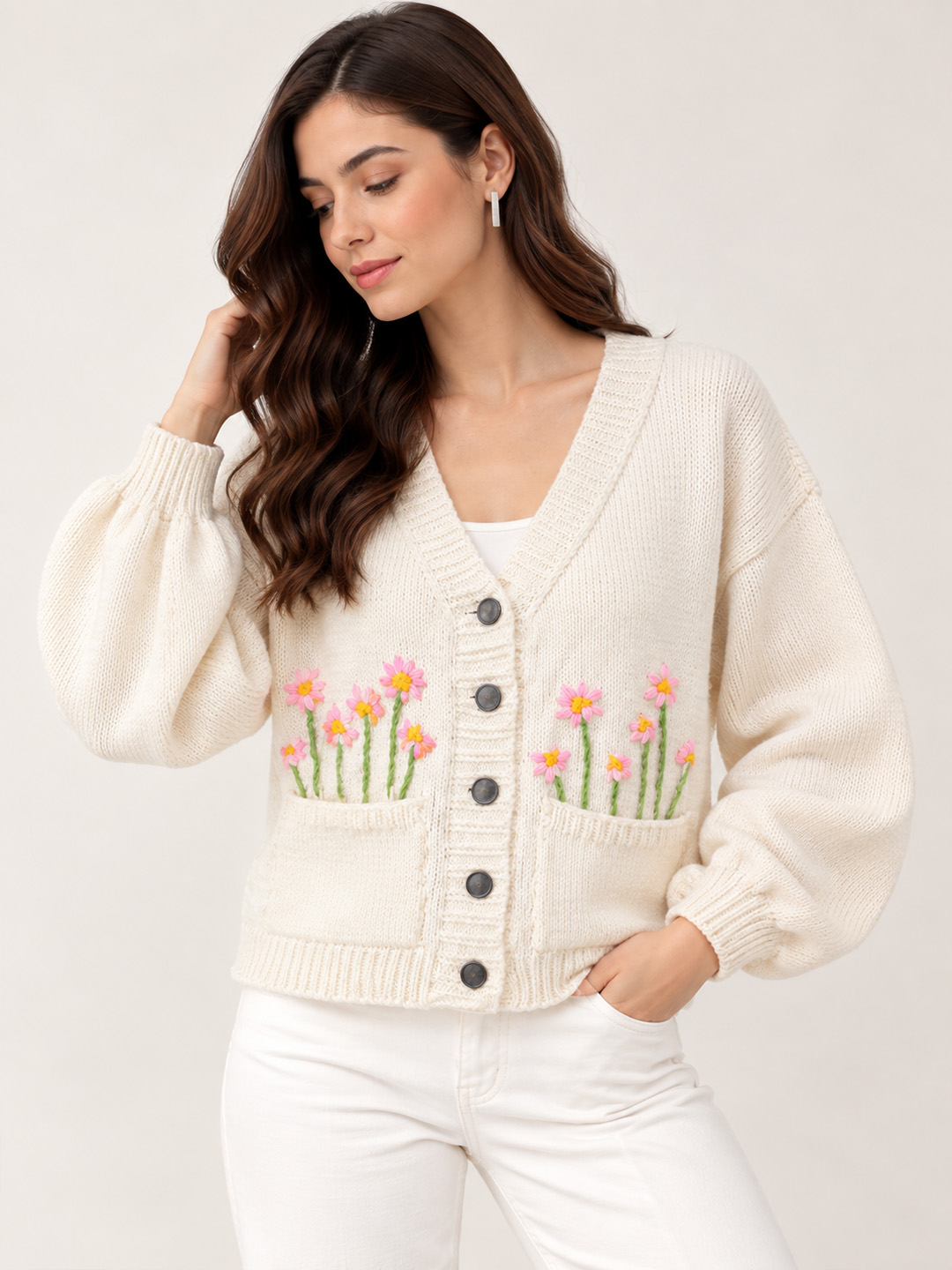 Velvery Floral Embroidered Cardigan - Cream
