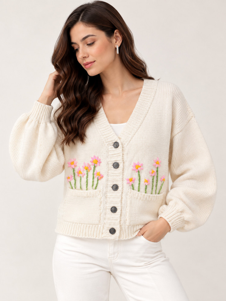 Image of Velvery Floral Embroidered Cardigan - Cream