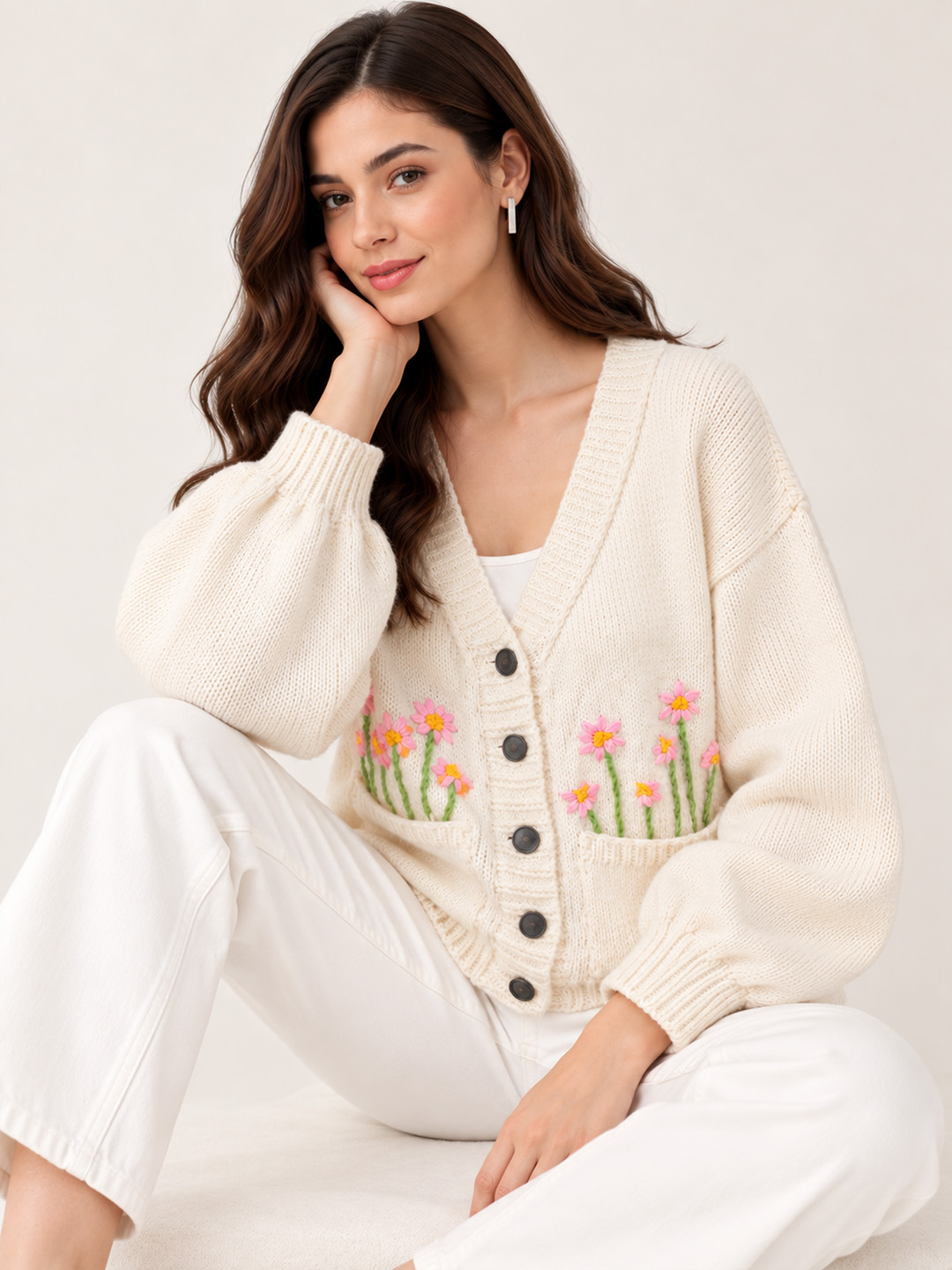 Velvery Floral Embroidered Cardigan - Cream