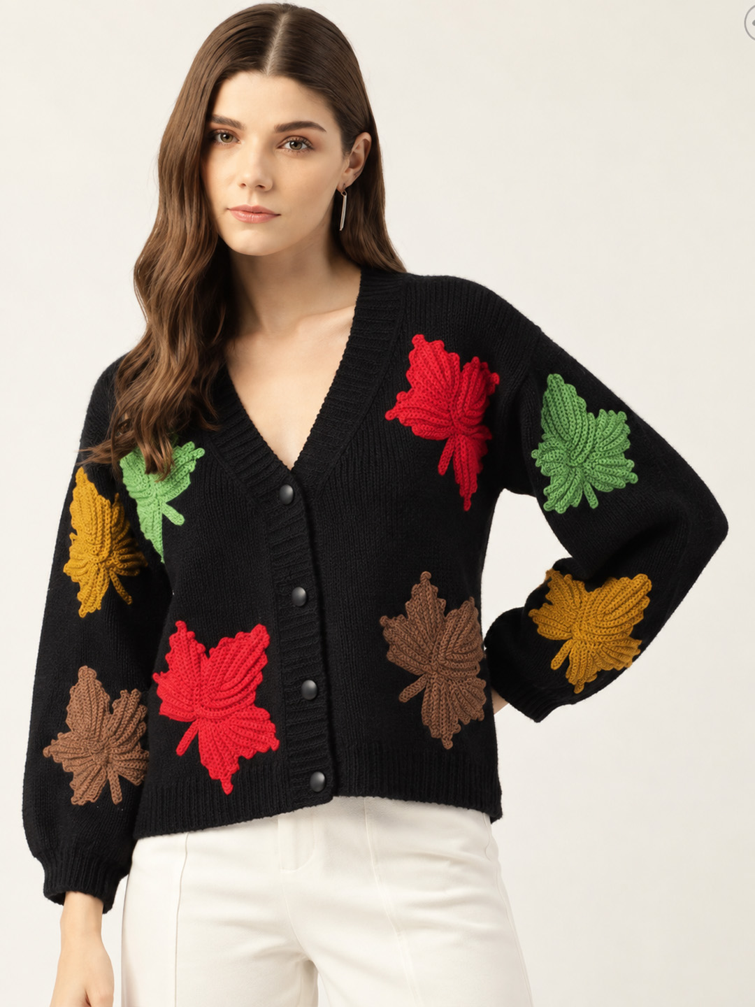 Velvery Colorful Leaf Appliques detailed Cardigan - Black