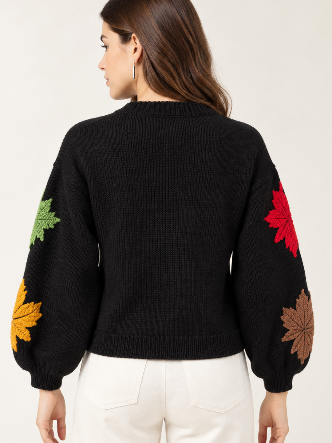 Velvery Colorful Leaf Appliques detailed Cardigan - Black