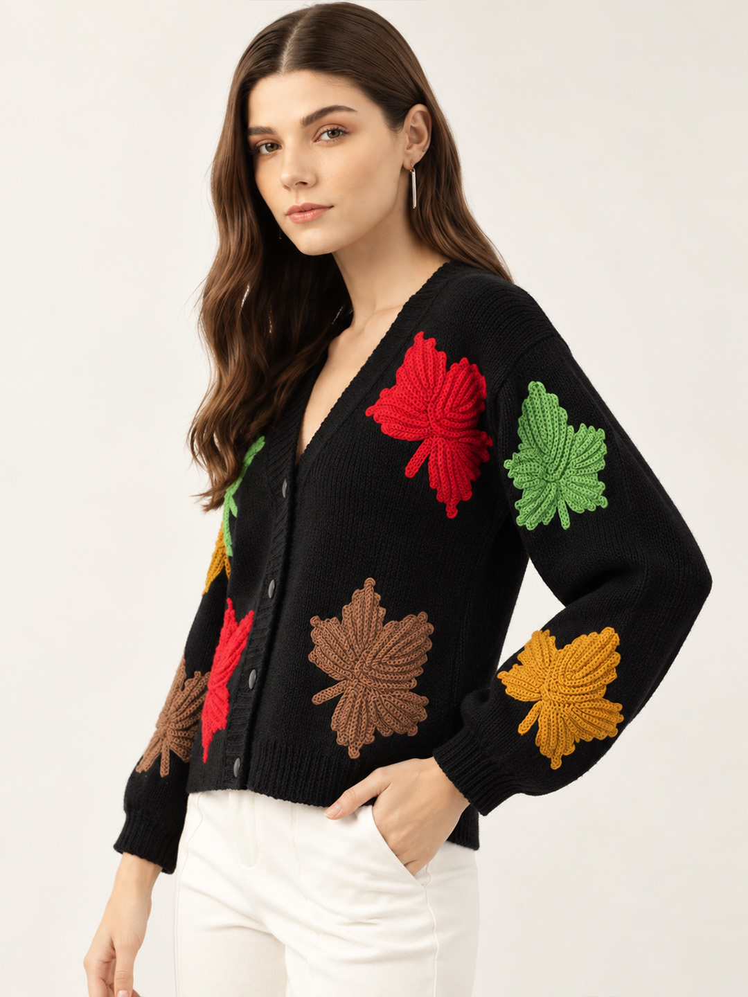 Velvery Colorful Leaf Appliques detailed Cardigan - Black