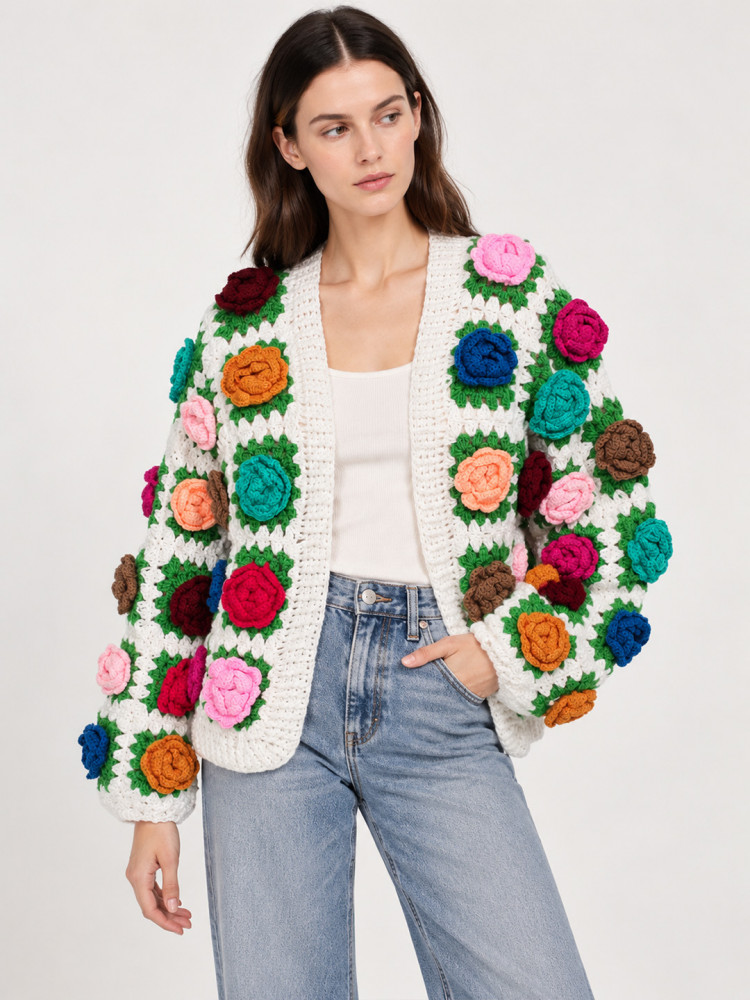 Image of Velvery Crochet Floral Appliques detailed Cardigan - Multicolor