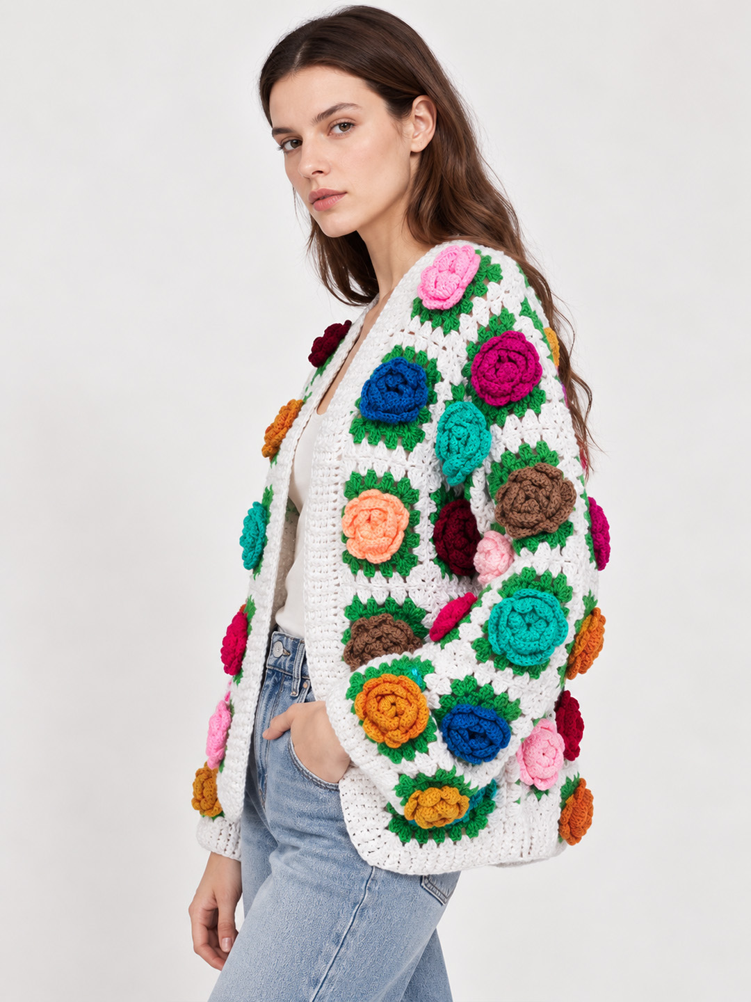 Velvery Crochet Floral Appliques detailed Cardigan - Multicolor
