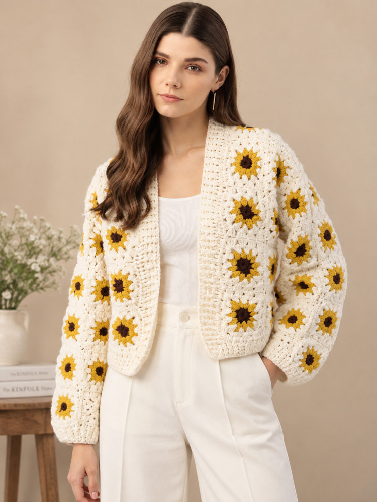 Image of Velvery Sunflower Design Cardigan - Cream