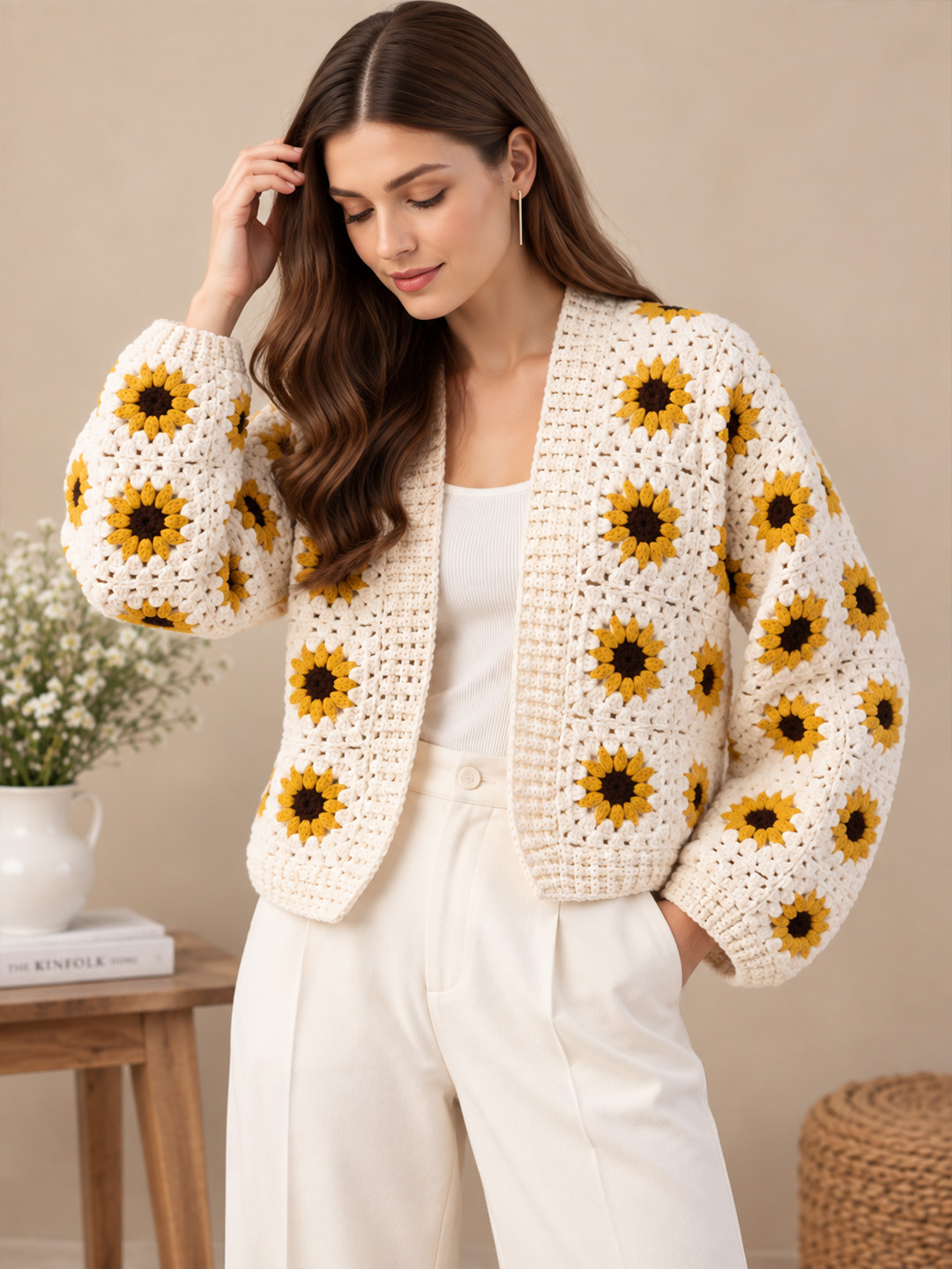 Velvery Sunflower Design Cardigan - Cream