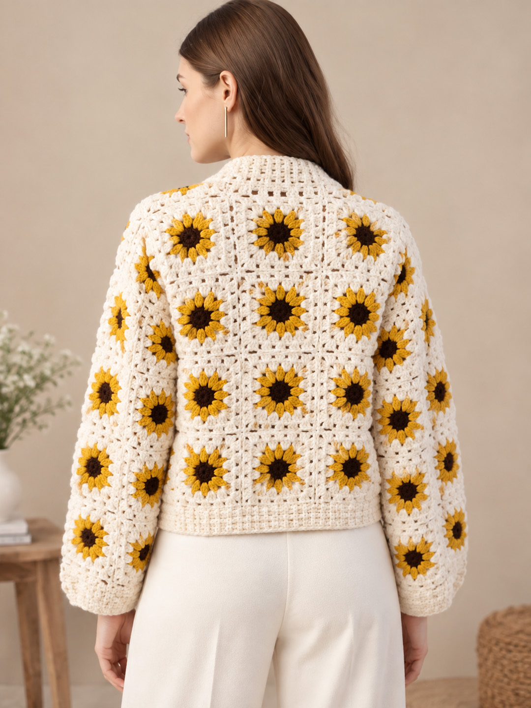 Velvery Sunflower Design Cardigan - Cream