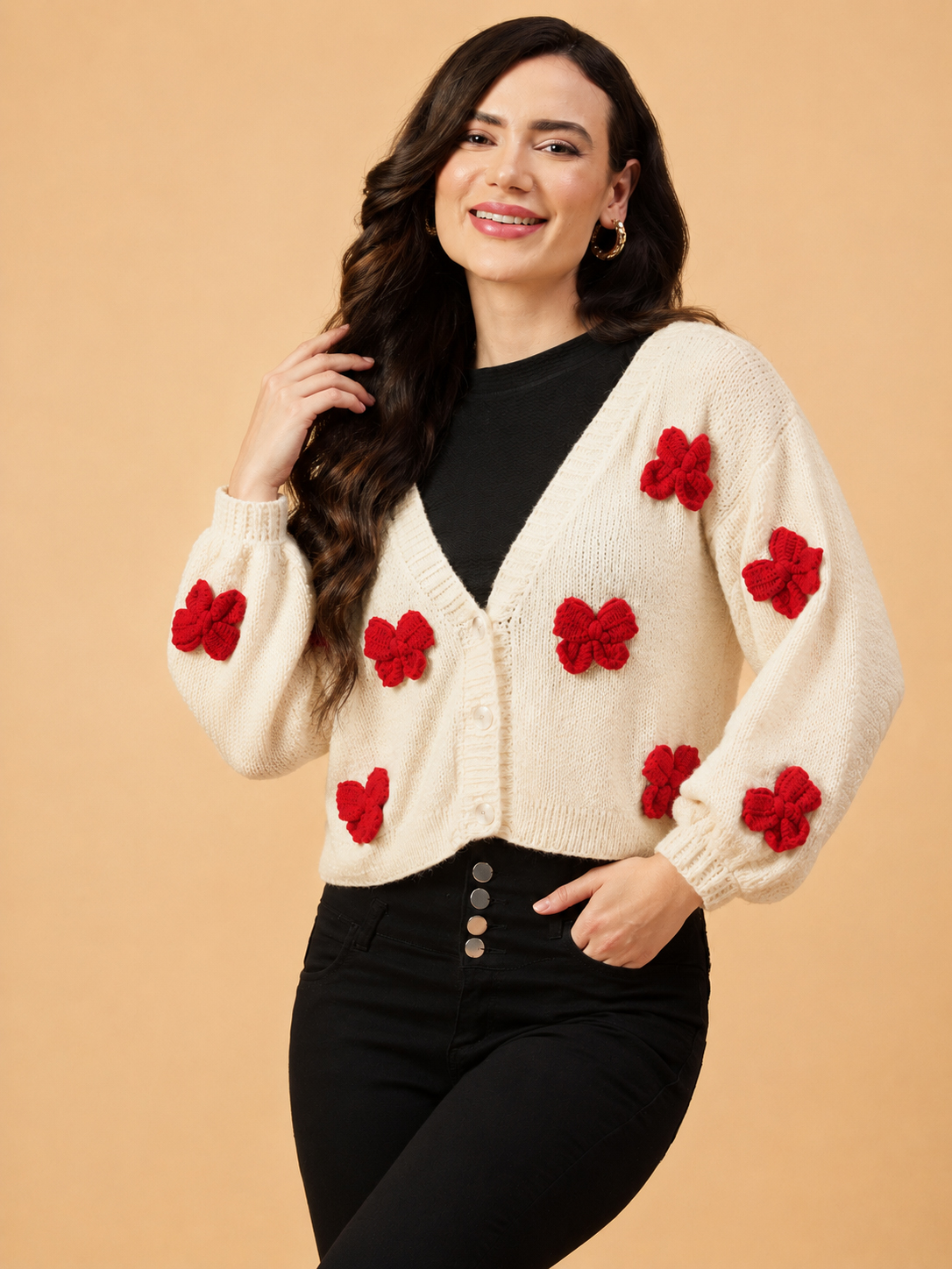 Velvery Knitted 3D Bow Applique Cardigan - Cream