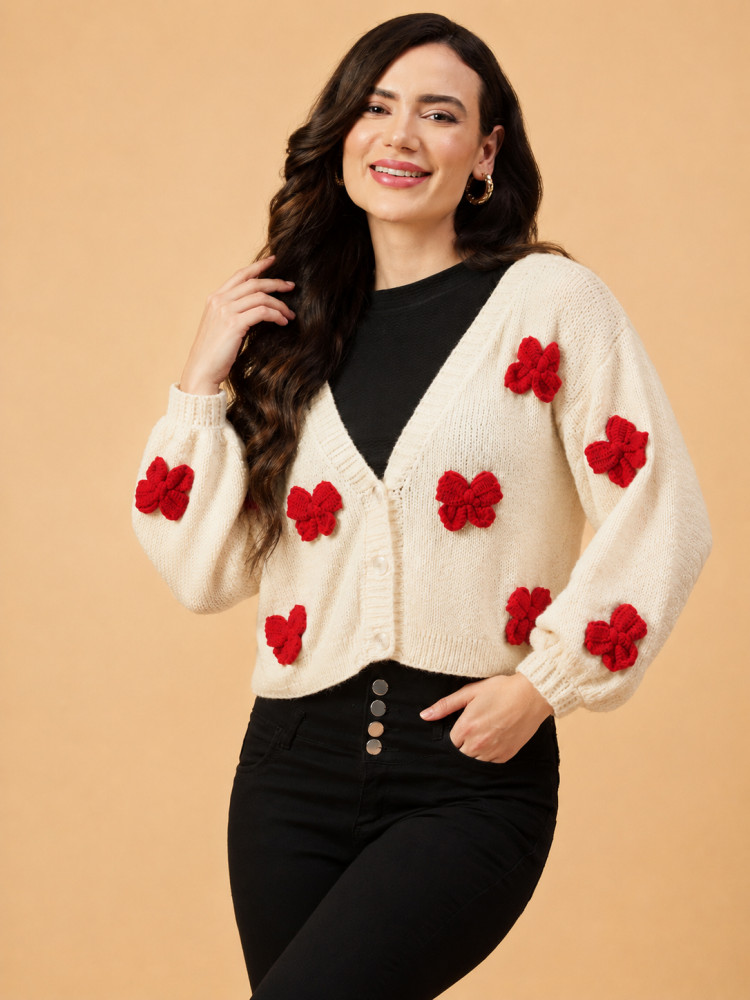 Image of Velvery Knitted 3D Bow Applique Cardigan - Cream