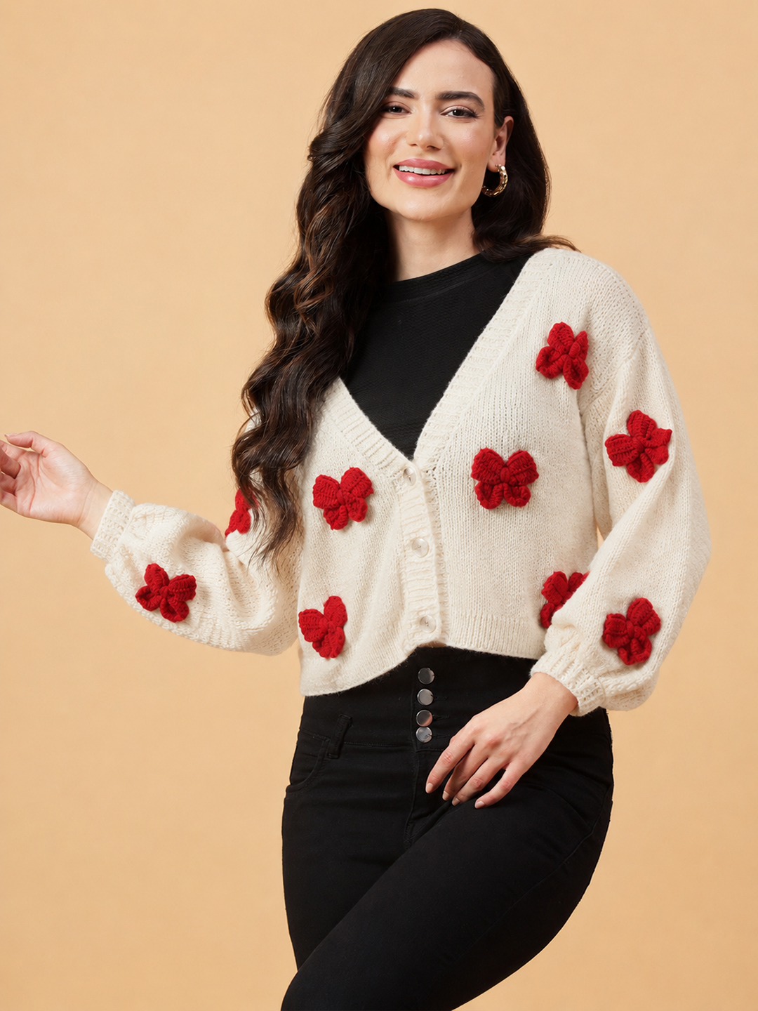 Velvery Knitted 3D Bow Applique Cardigan - Cream