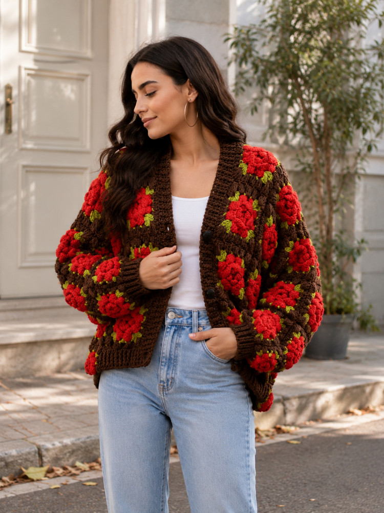 Image of Velvery Crochet Chunky Texture Cardigan - Brown