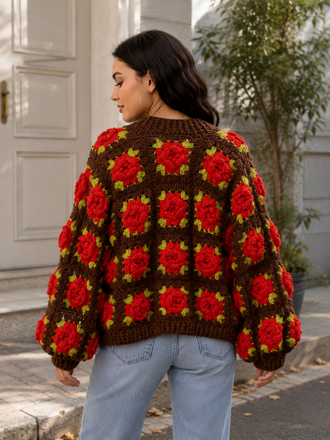 Velvery Crochet Chunky Texture Cardigan - Brown