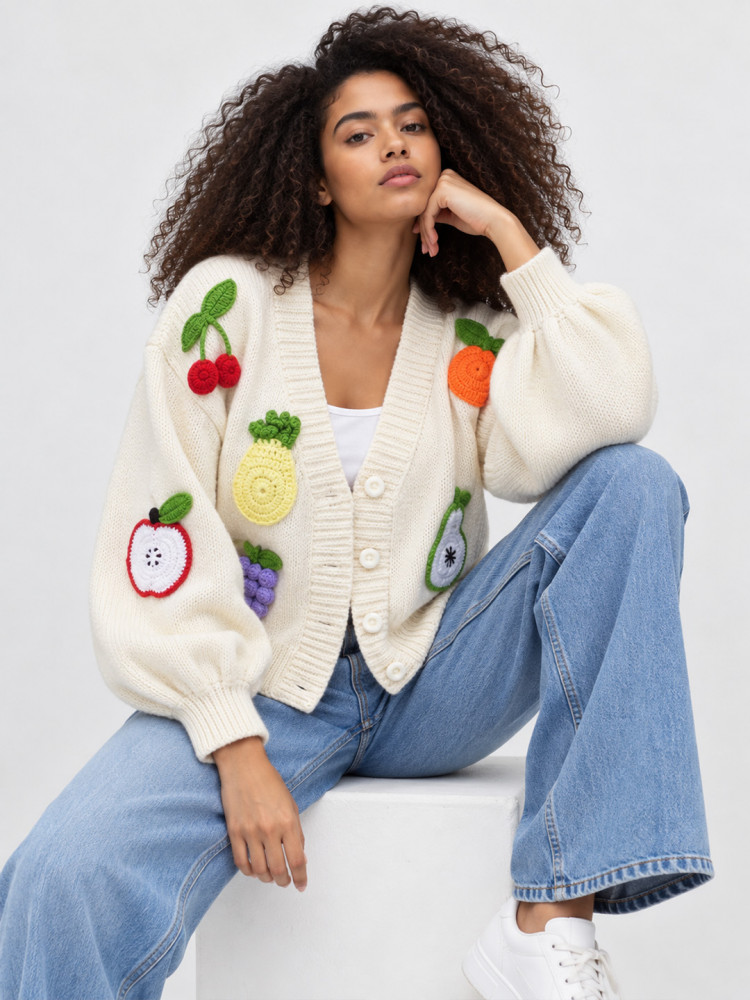 Image of Velvery Knitted Fruit Applique Cardigan - Cream