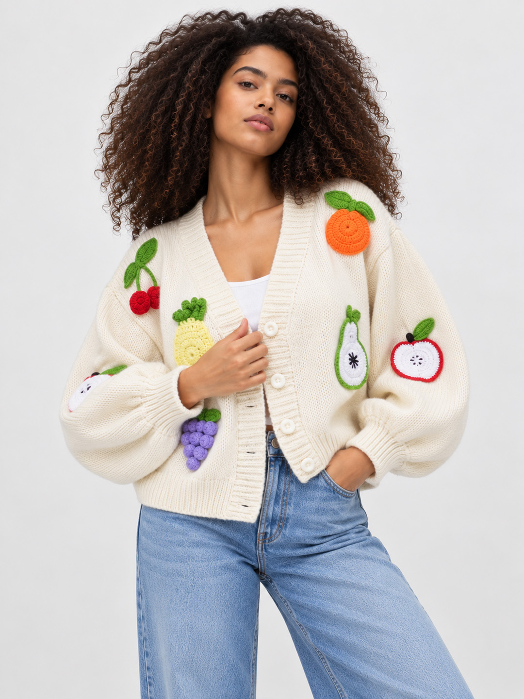 Velvery Knitted Fruit Applique Cardigan - Cream