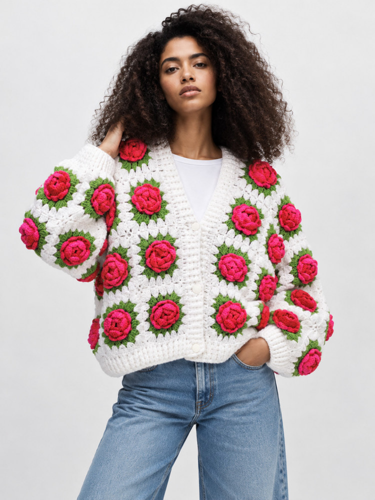 Image of Velvery Crochet Rose Detailed Cardigan - White