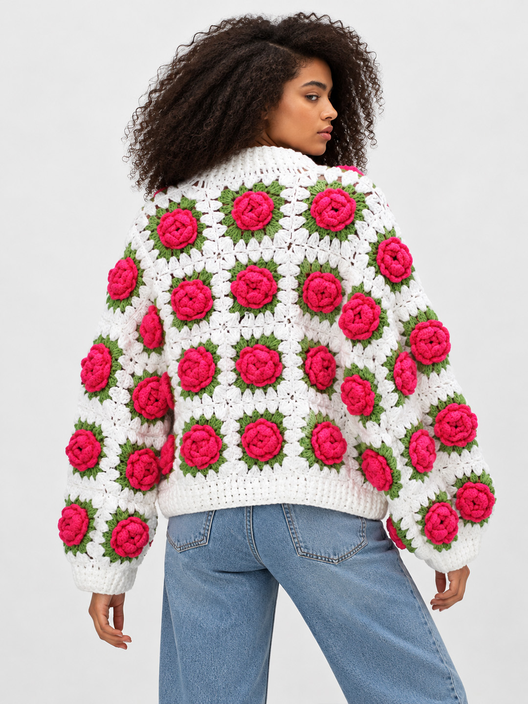 Velvery Crochet Rose Detailed Cardigan - White