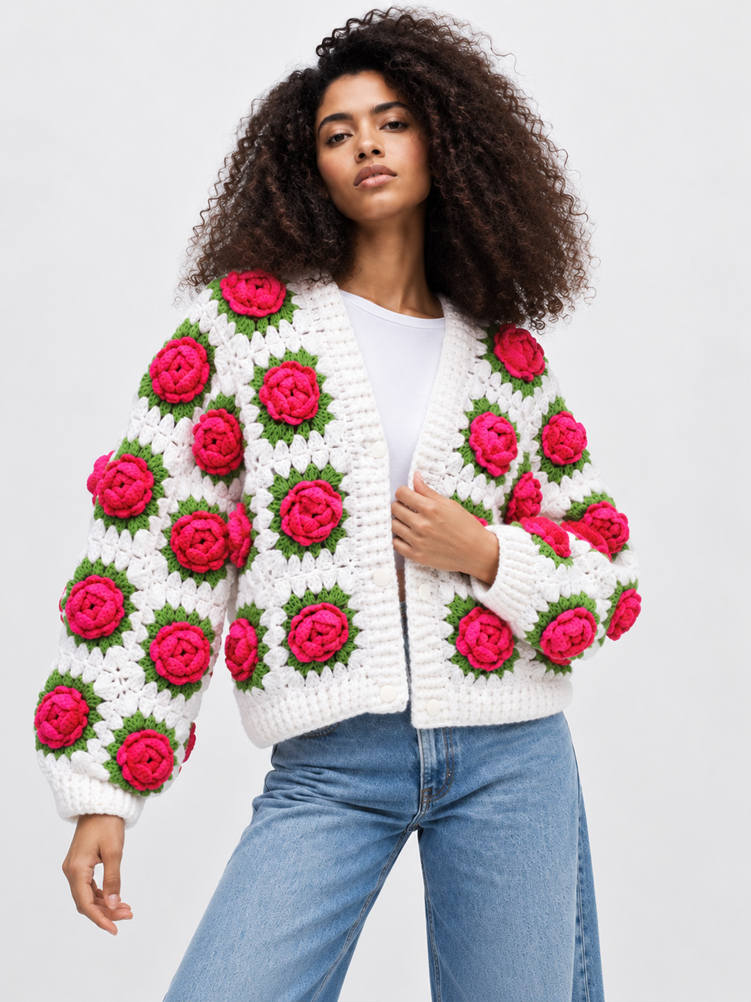 Velvery Crochet Rose Detailed Cardigan - White