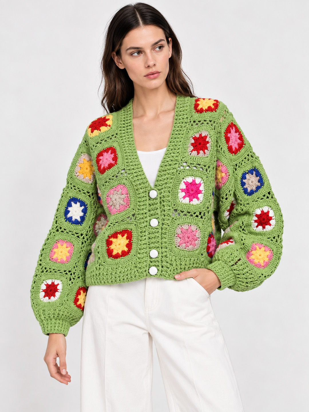 Velvery Crochet Granny Square Cardigan - Green