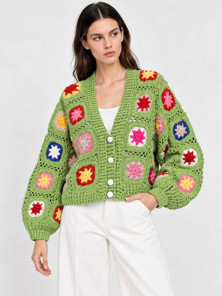 Image of Velvery Crochet Granny Square Cardigan - Green