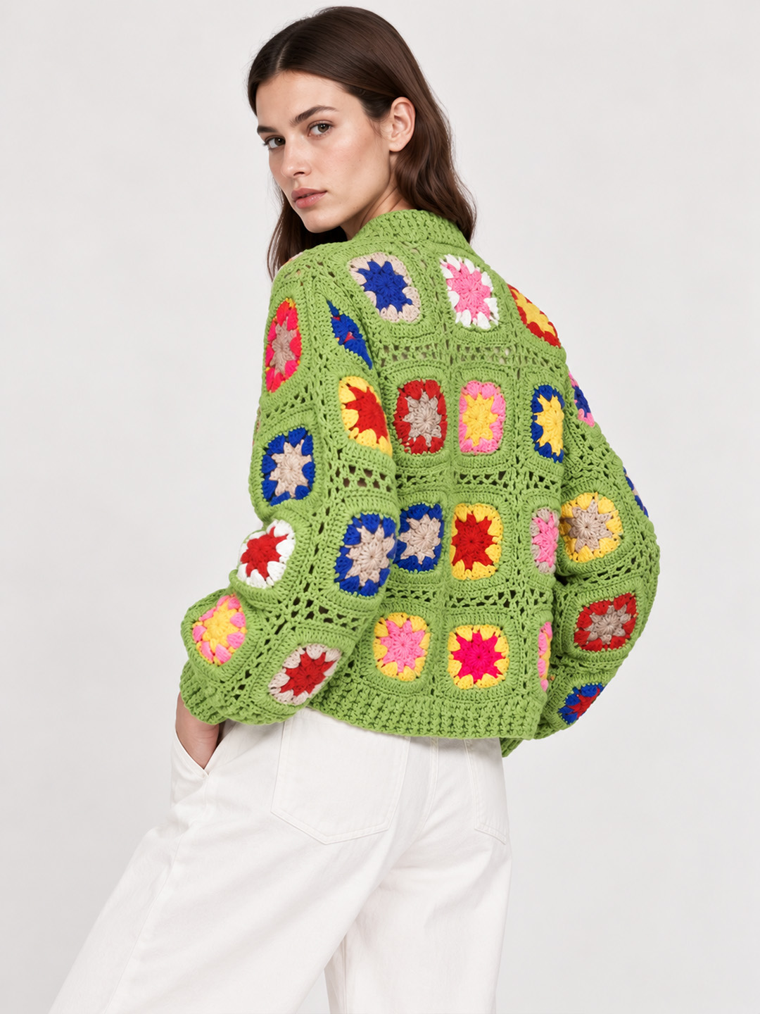 Velvery Crochet Granny Square Cardigan - Green