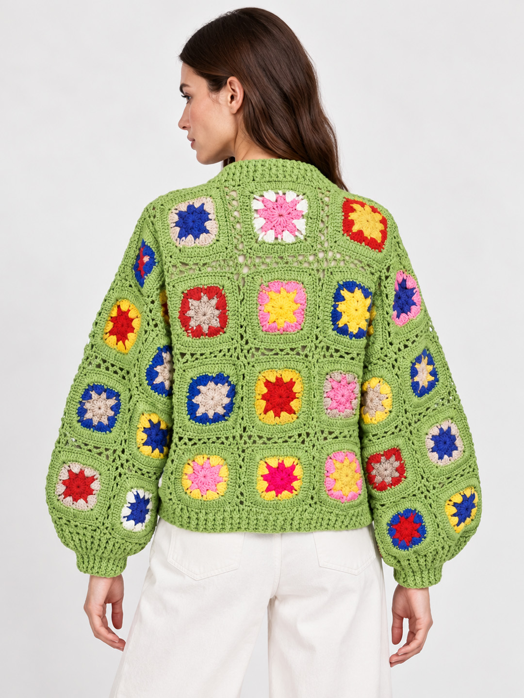 Velvery Crochet Granny Square Cardigan - Green
