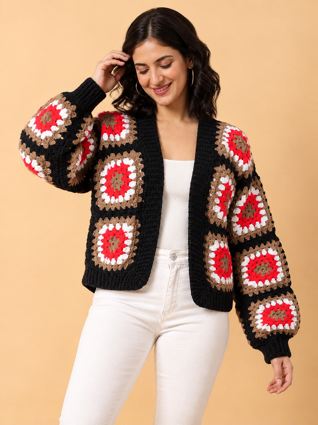 Velvery Crochet Granny Square Cardigan - Multicolor