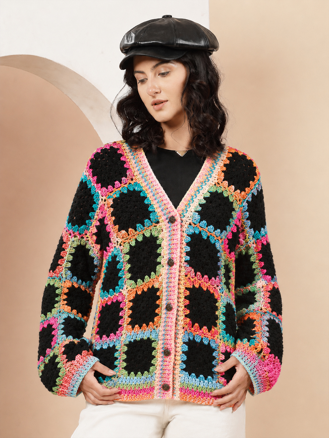 Velvery Crochet Granny Square Cardigan - Multicolor