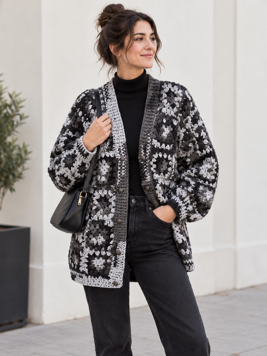 Velvery Crochet Granny Square Cardigan - Dark Grey