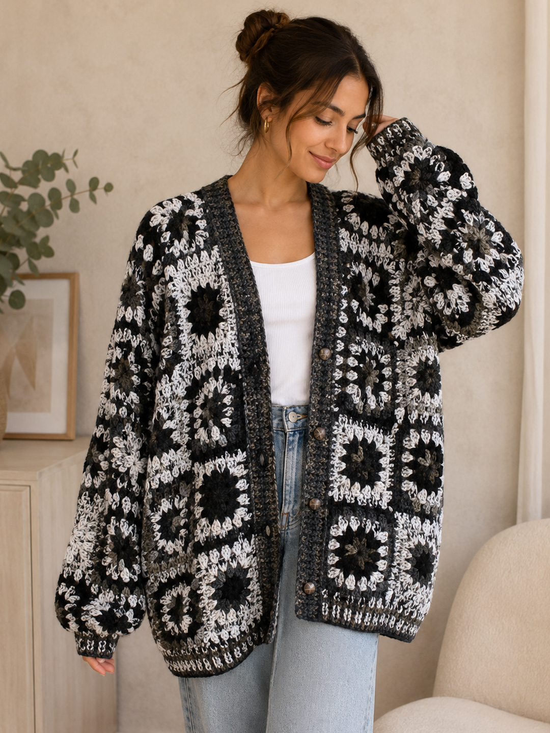 Velvery Crochet Granny Square Cardigan - Dark Grey