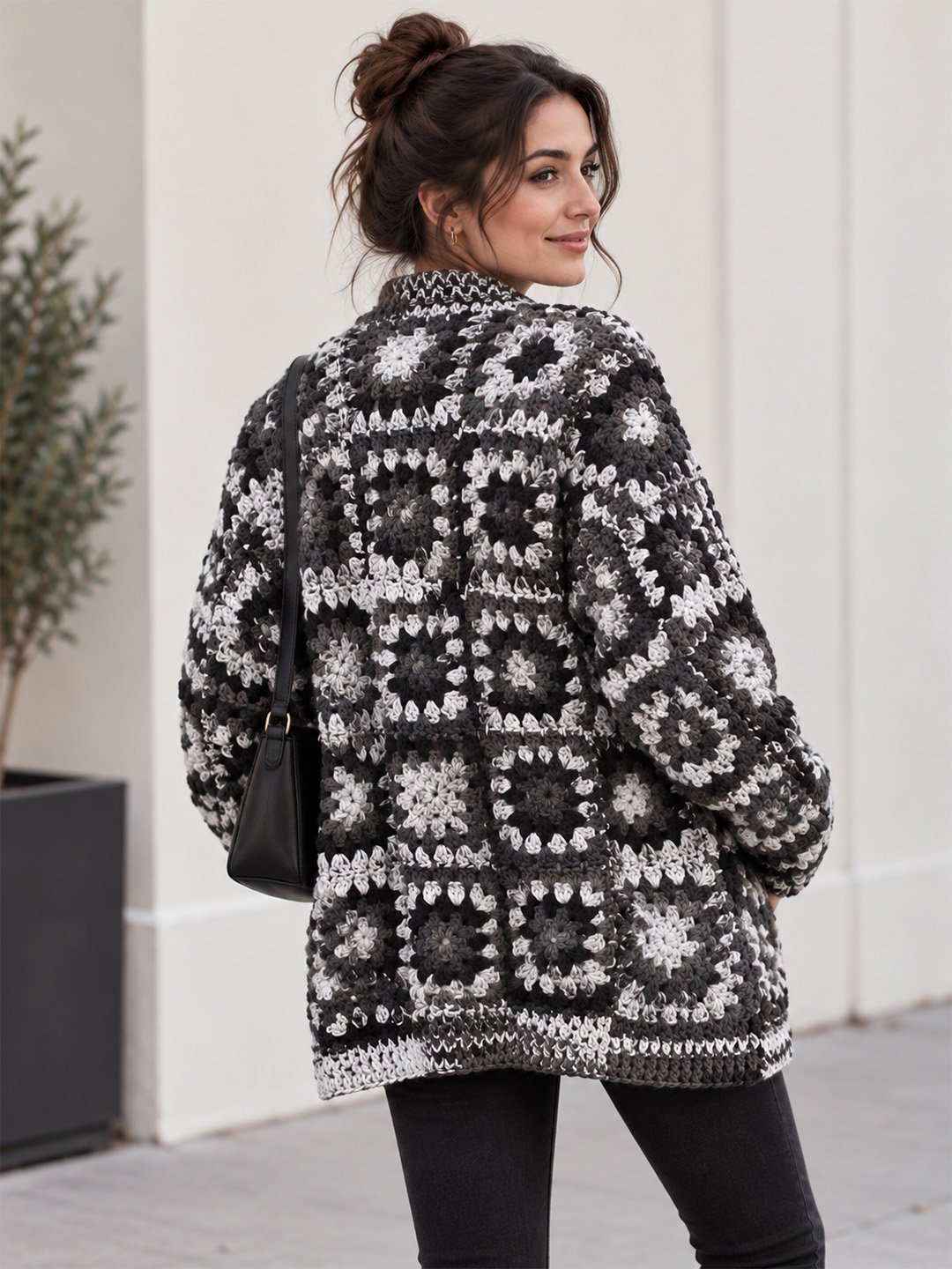 Velvery Crochet Granny Square Cardigan - Dark Grey