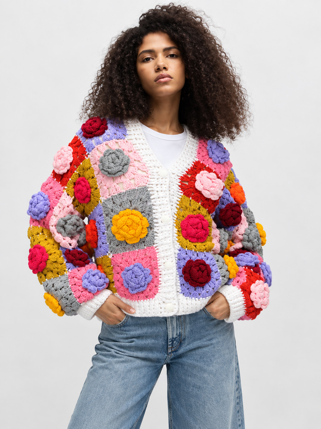 Velvery Crochet Floral Applique Cardigan - Multicolor