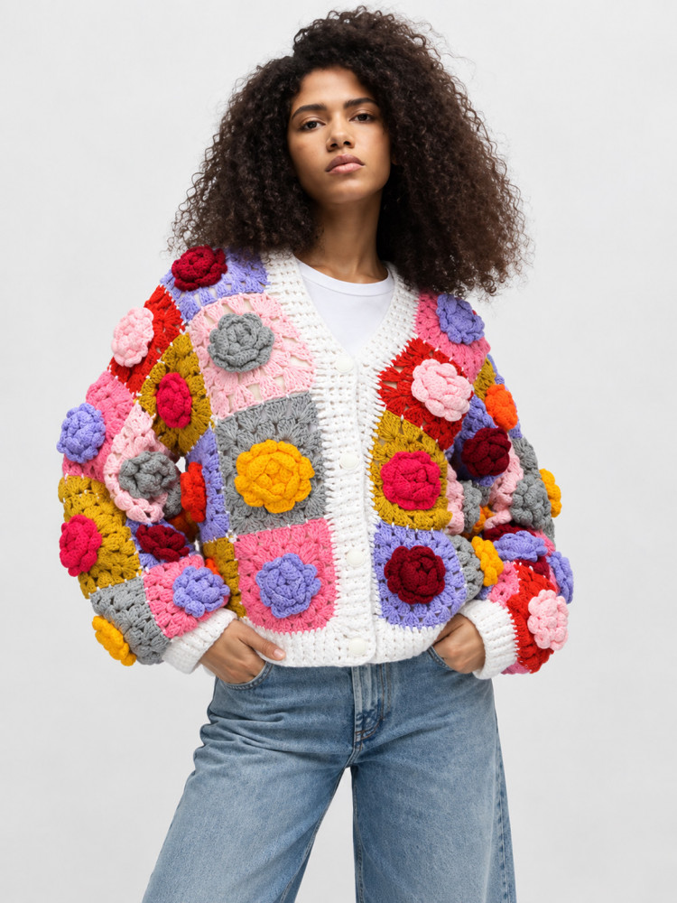 Image of Velvery Crochet Floral Applique Cardigan - Multicolor