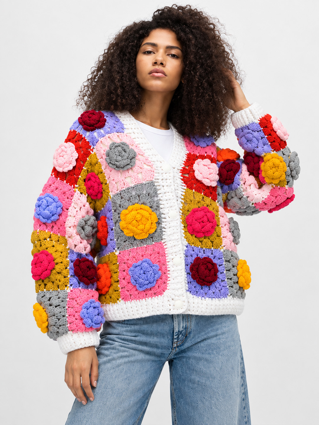 Velvery Crochet Floral Applique Cardigan - Multicolor