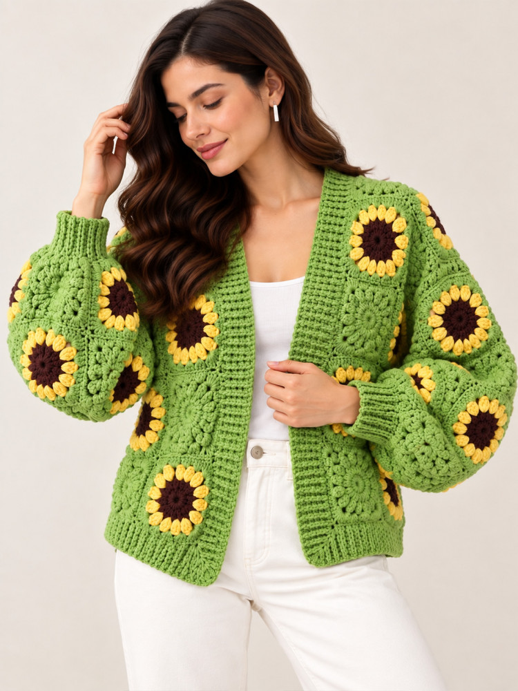 Image of Velvery Sunflower Detailed Cardigan - Green