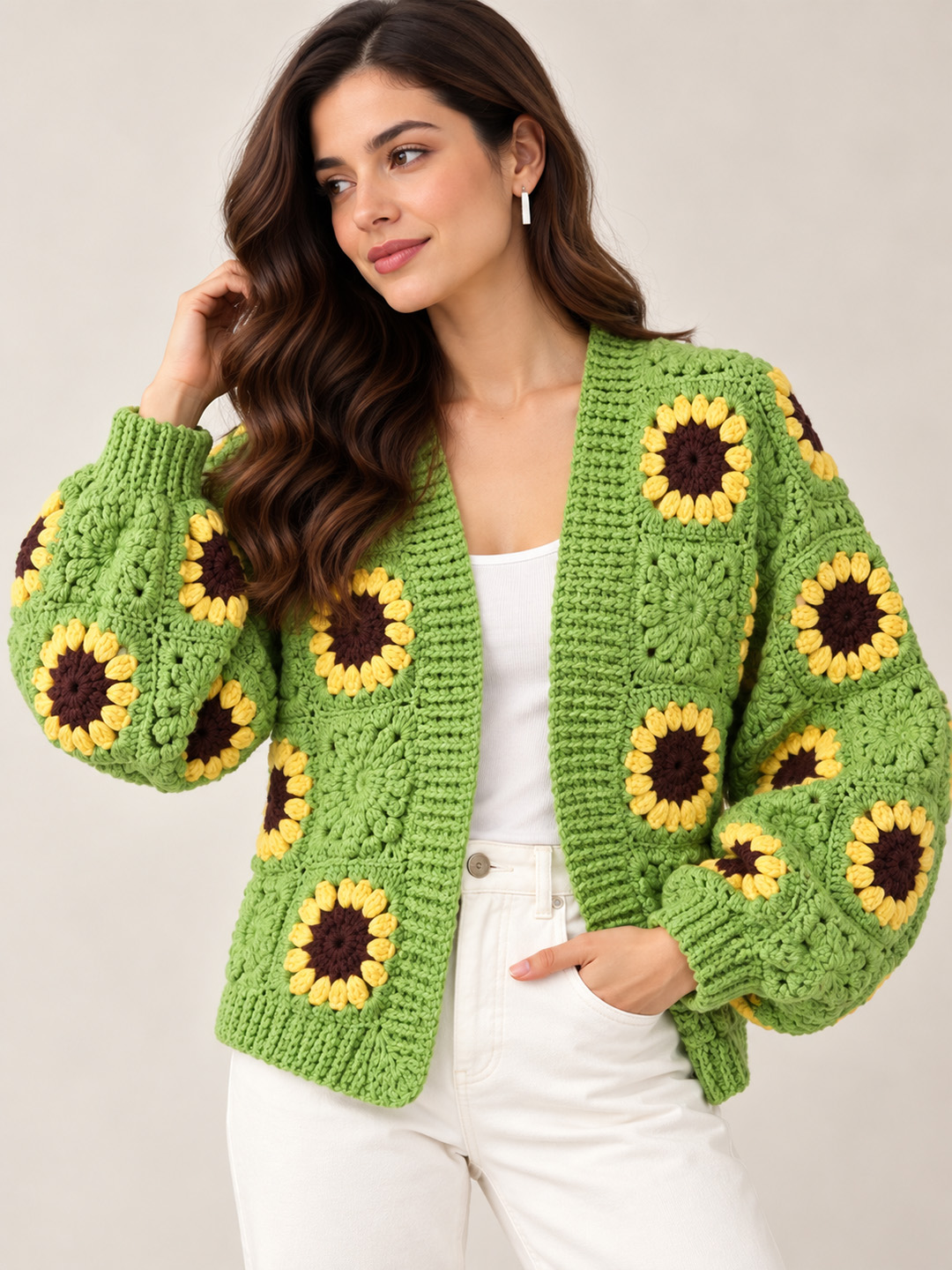 Velvery Sunflower Detailed Cardigan - Green