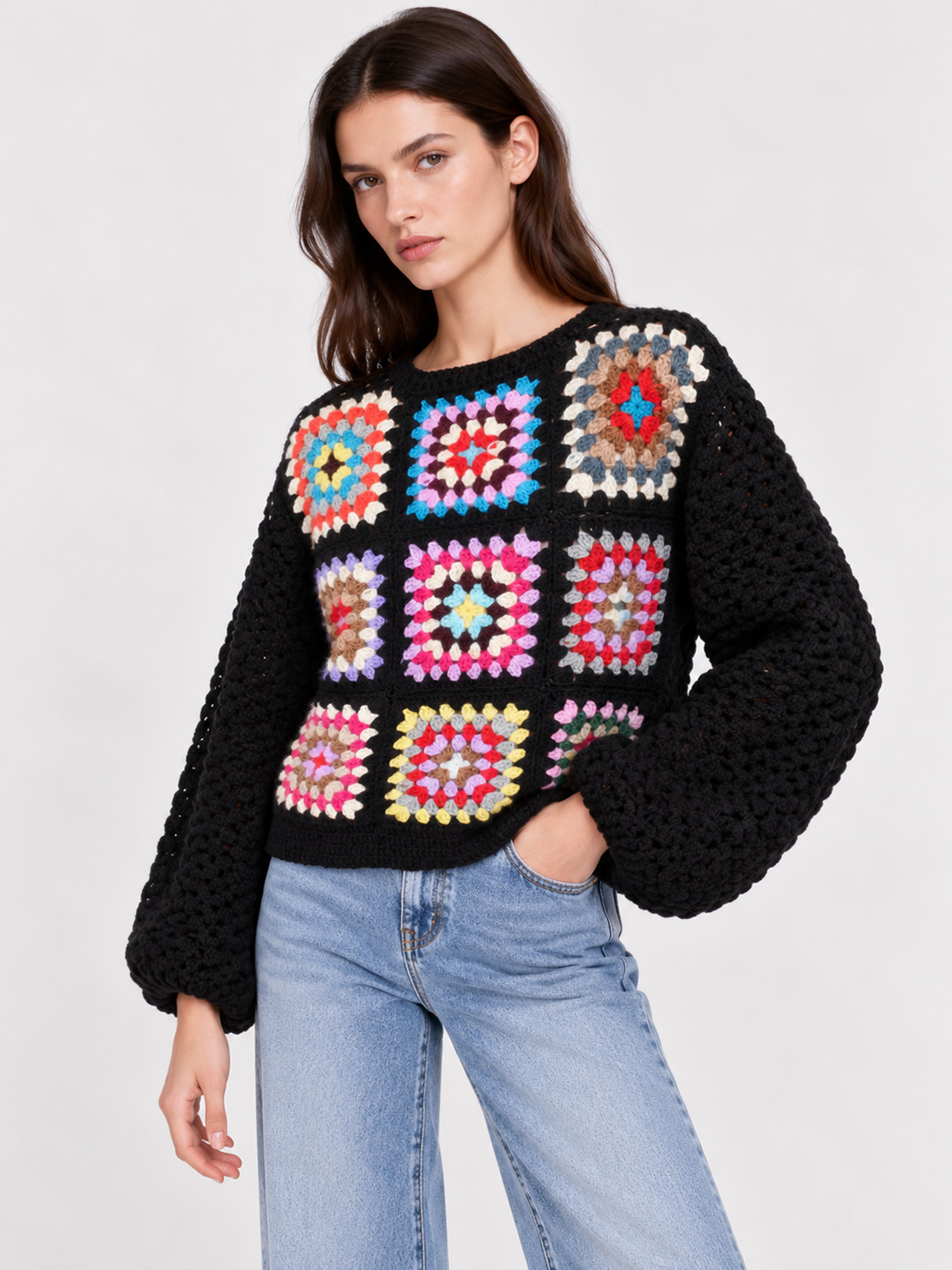 Velvery Crochet Granny Square Pullover Sweater - Black