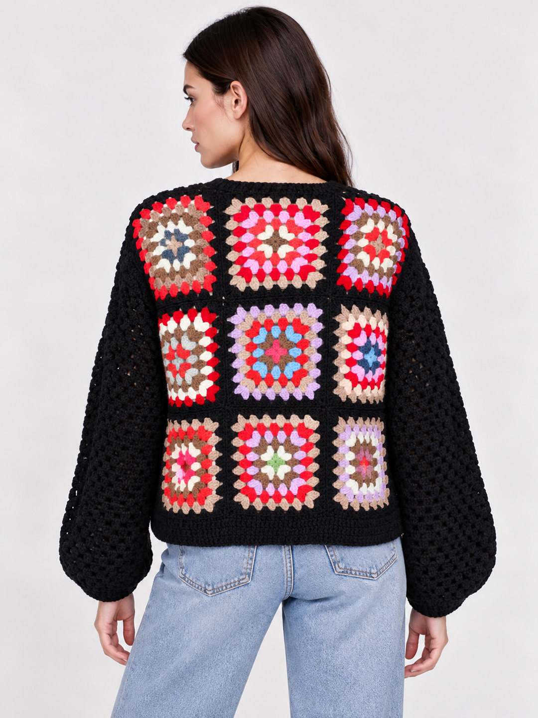 Velvery Crochet Granny Square Pullover Sweater - Black