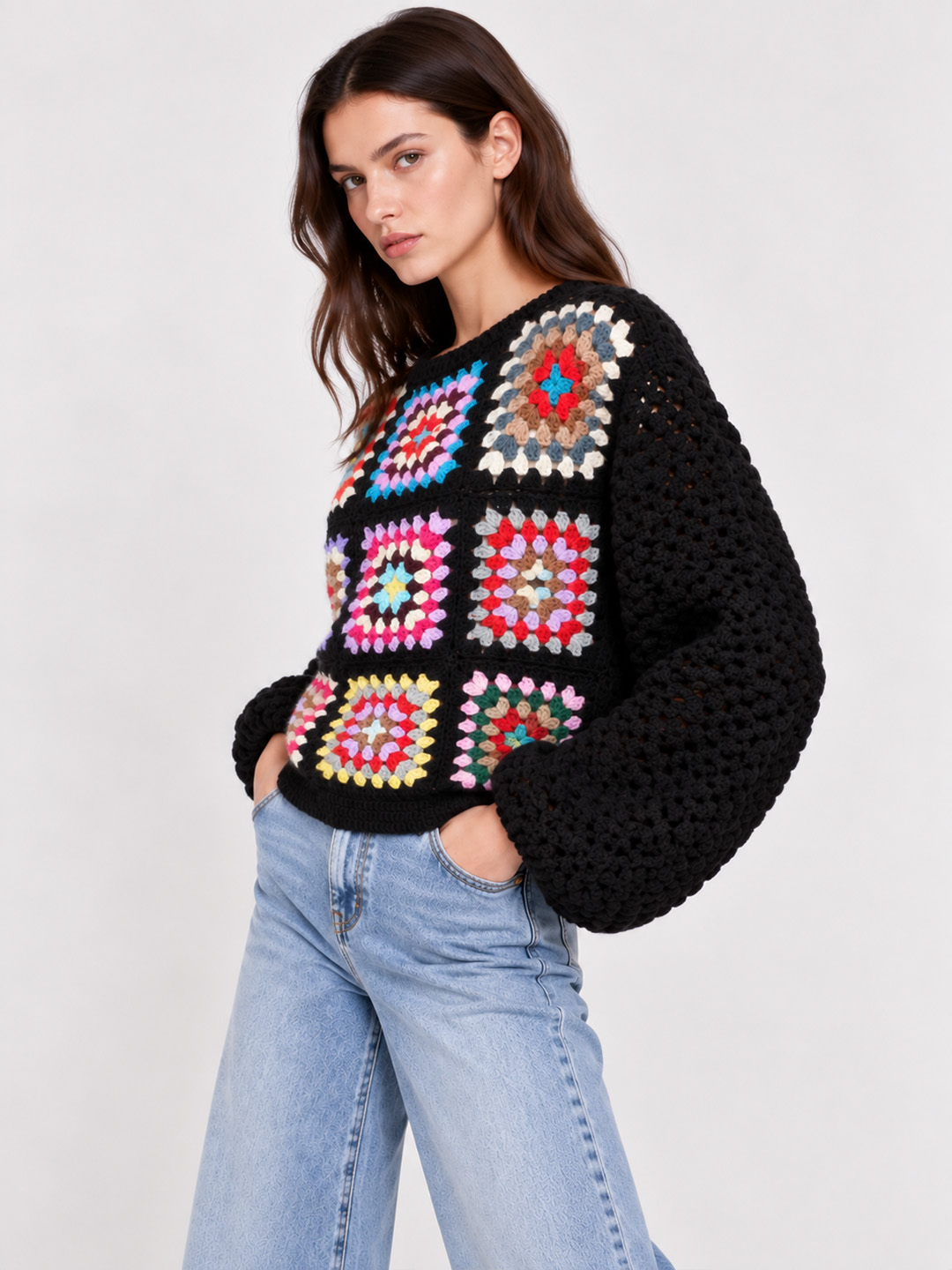 Velvery Crochet Granny Square Pullover Sweater - Black