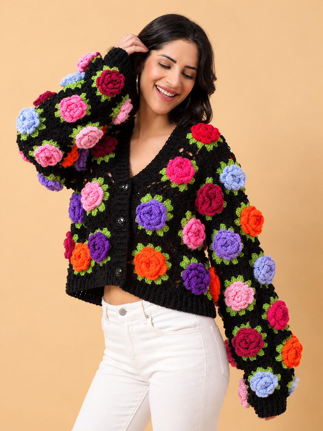 Velvery Crochet Colorful Floral Applique Cardigan - Black