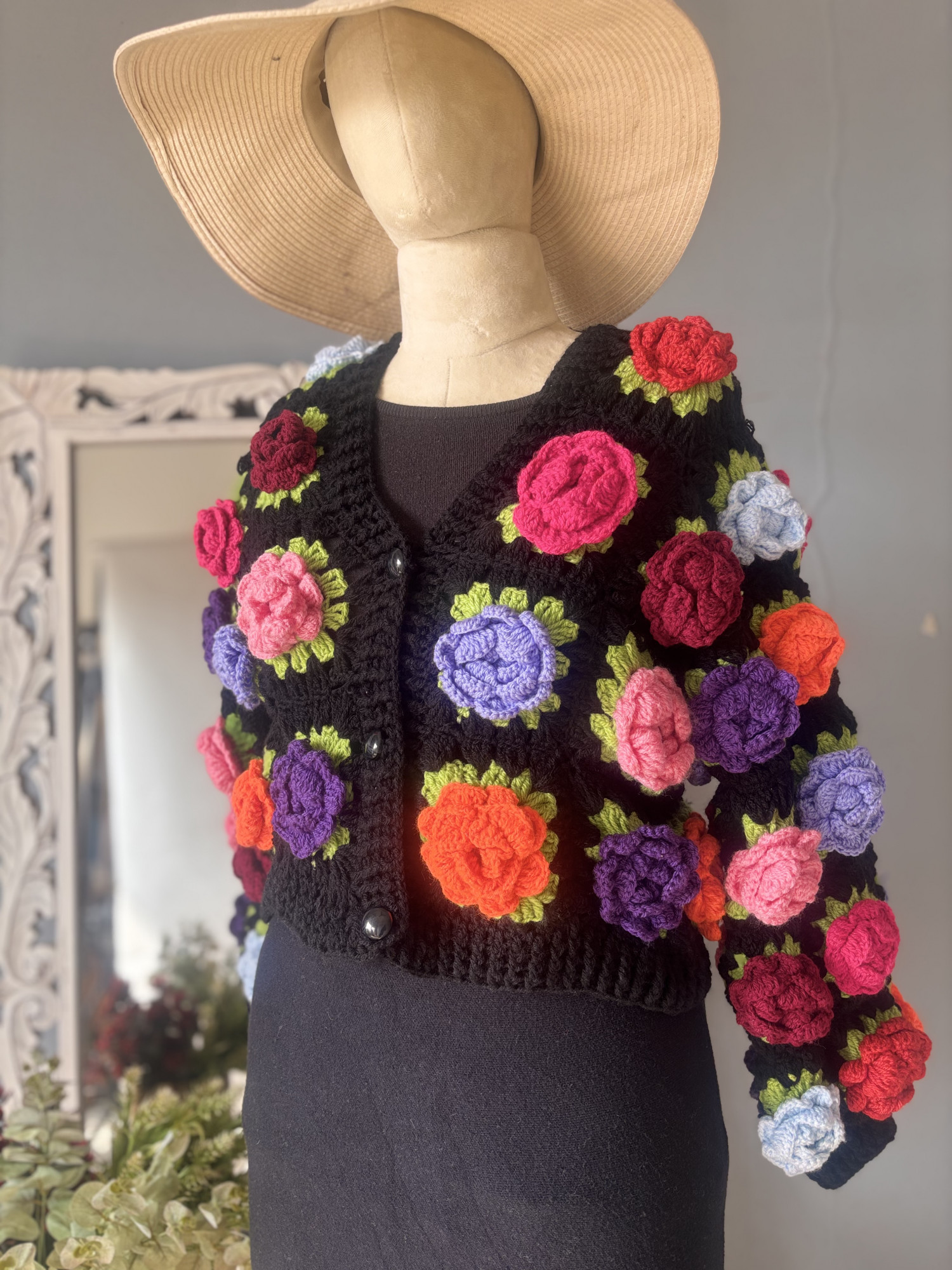 Velvery Crochet Colorful Floral Applique Cardigan - Black