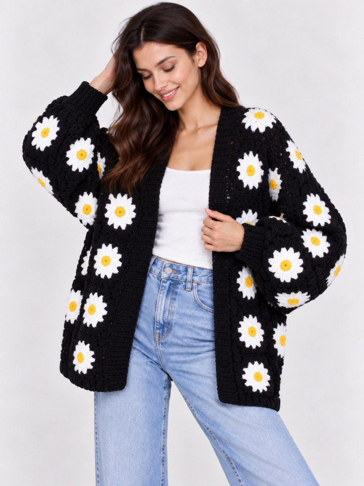 Image of Velvery Crochet Daisy Floral Cardigan - Black