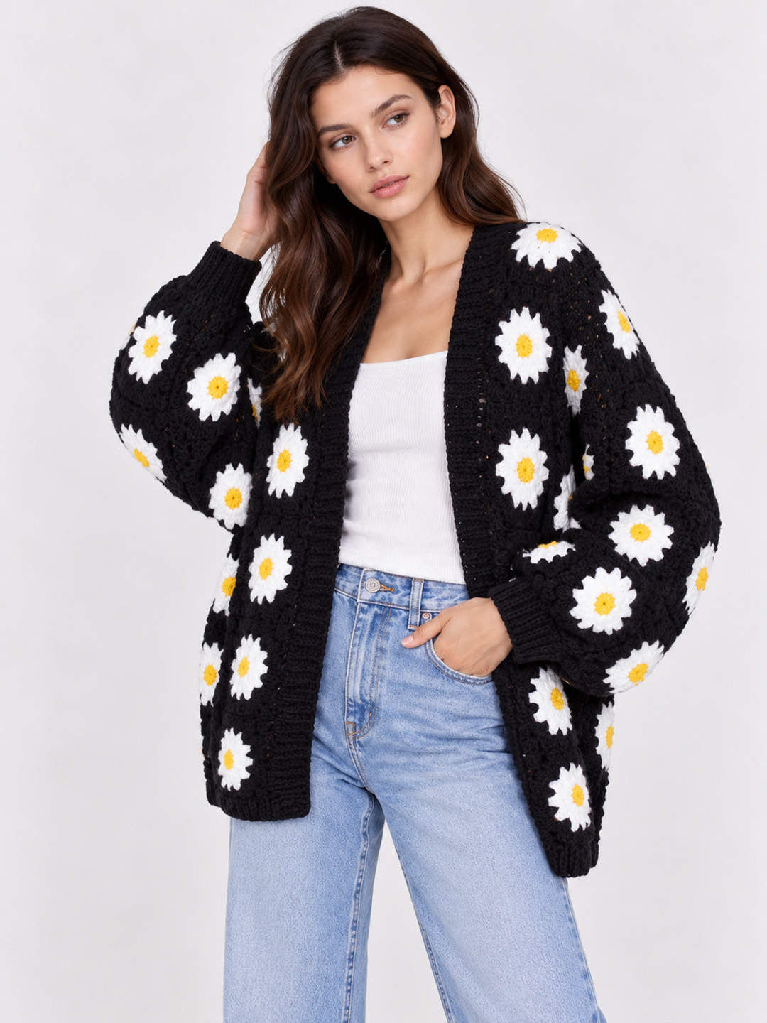 Velvery Crochet Daisy Floral Cardigan - Black